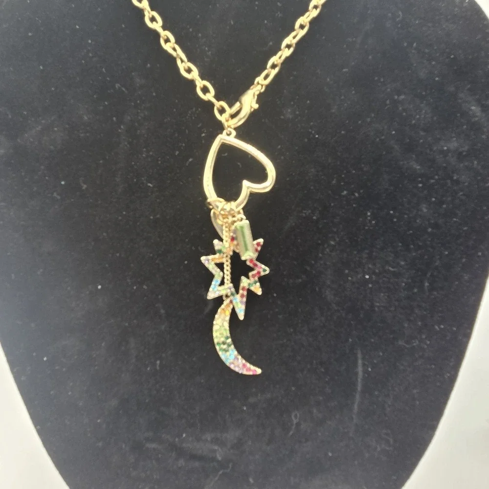 Gold Tone Charm Statement‎ Necklace Rainbow Stones Heart Star Moon Adjustable